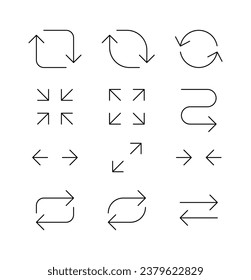 Set of arrow icons in simple, modern, minimalist line style. Left, right, turn, right turn, left turn, down, up, zoom in, zoom out instructions.