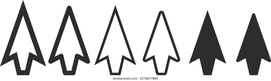 Set of arrow icons in spearhead style, lines and silhouettes with sharp corners and smooth.