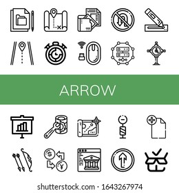 Set of arrow icons. Such as File, Route, Map, Timer, Document, Mouse, No turn, Server, Marker, Clock, Statistics, Archer, Exchange, Web, Signpost, Straight, Packed , arrow icons