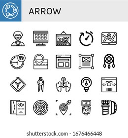 Set of arrow icons. Such as Roundabout, Researcher, Grid, Analytics, Delivery time, Map, Time, Browser, Website, Dreamcatcher, Junction, Marker, Growth, Gauge, Select , arrow icons