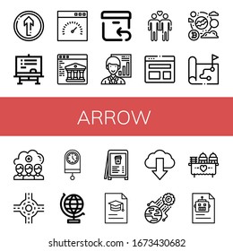 Set of arrow icons. Such as Straight, Chalkboard, Speedometer, Web, Return, Analyst, Gay, Browser, Global, Map, Cloud storage, Junction, Clock, World globe, Menu , arrow icons