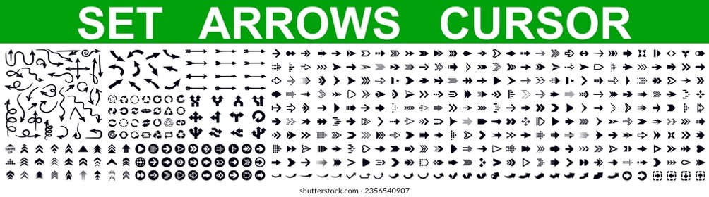 Fijar iconos de flecha, símbolo universal de la colección grande de diferentes flechas, establecer diferentes símbolos de dirección de flecha de cursor en estilo plano, iconos de flechas negras - vector