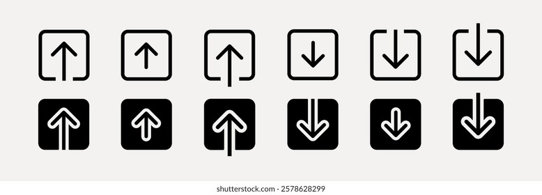 Set of arrow icons in various styles. Up and down arrows in black and white. Simple arrow designs for navigation. Arrows for direction and movement. User interface icons, UI icon vector set.