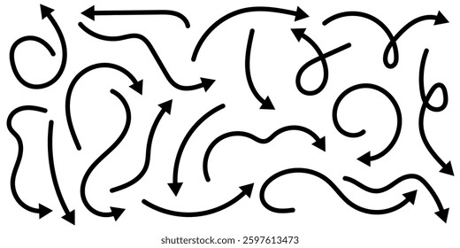 set of arrow icons with various styles or models. Collection of hand drawn curved, scribble and zigzag arrows Vector illustration.