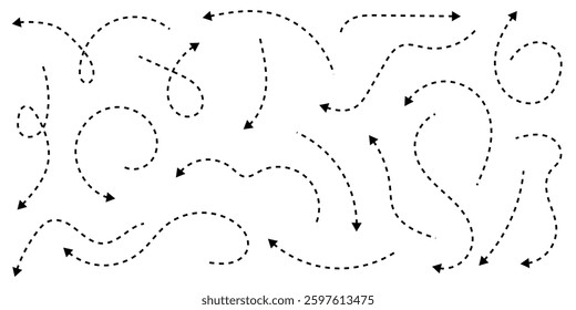 set of arrow icons with various styles or models. Collection of hand drawn curved, scribble and zigzag arrows Vector illustration.