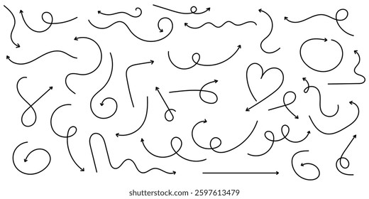 set of arrow icons with various styles or models. Collection of hand drawn curved, scribble and zigzag arrows Vector illustration.