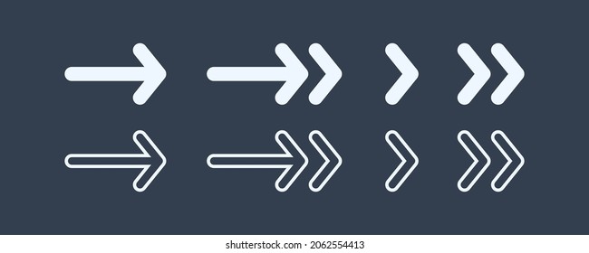 Conjunto de iconos de flecha. Flechas simples de relleno y contorno de blanco aisladas en fondo azul. Elemento de plantilla de diseño de icono de vector plano para Web.