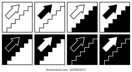 Set of arrow images with steps. Directions up and down via stairs or escalator. Flat vector design.