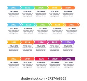 Set of Arrow Infographic Timeline with 5 Steps on a 16:9 Layout for Business Presentations, Management, and Evaluation.