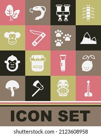 Set Arrow, Lemon, Mountains, Binoculars, Swiss army knife, Monkey, Tropical leaves and Paw print icon. Vector