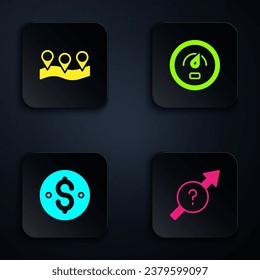 Establecer flecha, ubicación, símbolo de dólar y medidor de velocidad digital. Botón cuadrado negro. Vector