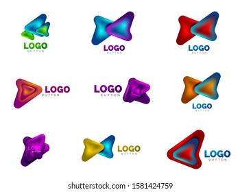 Set of Arrow logo templates. Or play or download button logotypes. Minimal geometrical designs, 3d geometric bold symbols in relief style with color blend steps effect. Vector Illustrations For