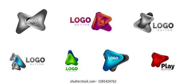 Set of Arrow logo templates. Or play or download button logotypes. Minimal geometrical designs, 3d geometric bold symbols in relief style with color blend steps effect. Vector Illustrations For