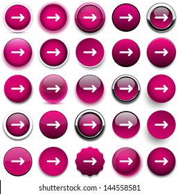 Conjunto de botones redondos magenta de flecha para el sitio web o la aplicación. Vector eps10.