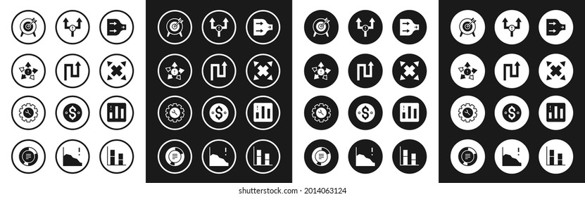 Set Arrow, Many ways directional arrow, Target, Pie chart infographic and Wrench and gear icon. Vector