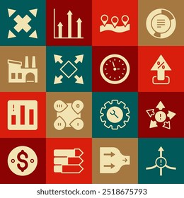 Set Arrow, Many ways directional arrow, Percent up, Location, Factory,  and Clock icon. Vector