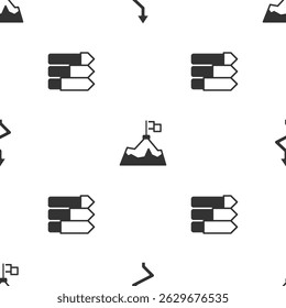 Set Arrow, Mountains with flag and Pie chart infographic on seamless pattern. Vector