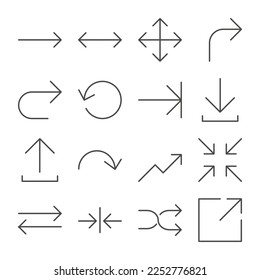 Conjunto de iconos de contorno de flecha. Mover, actualizar, aleatorio, pantalla completa, anterior, zoom y más. Stroke editable. 48x48 Perfecto para píxeles