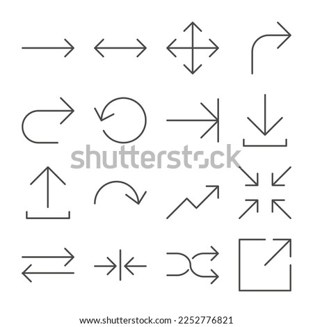 Set of Arrow Outline Icon. Move, Refresh, Random, Full Screen, Previous, Zoom, and more. Editable Stroke. Isolated on White Background. Vector