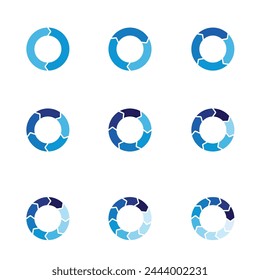 Set of arrow pie charts. Financial analysis data 2,3,4,5,6,7,8,9,10 sections elements for business presentation, Vector Illustration