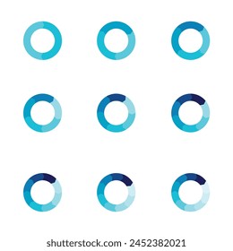 Set of arrow pie charts. Financial analysis data 2,3,4,5,6,7,8,9,10 sections elements for business presentation, Vector Illustration