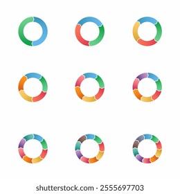 Set of arrow pie charts. Financial analysis data 2,3,4,5,6,7,8,9,10 sections elements for business presentation, Vector Illustration