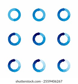 Set of arrow pie charts. Financial analysis data 2,3,4,5,6,7,8,9,10 sections elements for business presentation, Vector Illustration