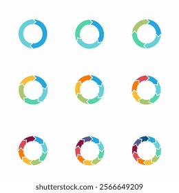 Set of arrow pie charts. Financial analysis data 2,3,4,5,6,7,8,9,10 sections elements for business presentation, Vector Illustration