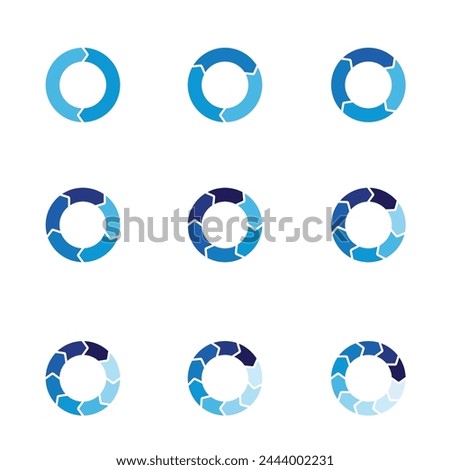 Set of arrow pie charts. Financial analysis data 2,3,4,5,6,7,8,9,10 sections elements for business presentation, Vector Illustration