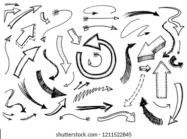 Set of arrow and pointer. Doodle style. Collection of icons and signs left right down up. Engraved hand drawn sketch. Abstract vector.