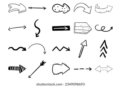Set arrow pointer ink lines, textured shapes hand drawn decorative elements in doodle style isolated. Sketch direction icons.