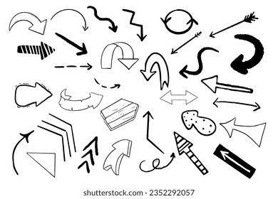 Set arrow pointer ink lines, textured shapes hand drawn decorative elements in doodle style isolated. Sketch direction icons.