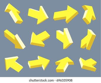Set of arrow pointers. Three-dimensional signs. Move in the indicated direction. Catchy signboard. Pay attention. Angular volumetric figures.
