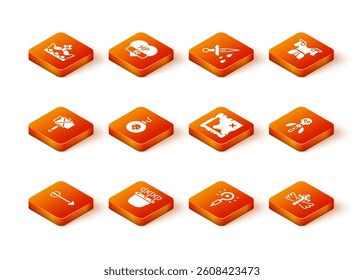 Set Arrow, Quiver with arrows, Medieval axe, Bomb ready to explode, Magic wand, Pirate treasure map, Christian cross and staff icon. Vector