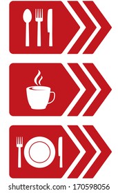 set of arrow with red food signs and utensil