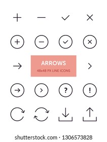 Set of Arrow related vector line icons. Contains icons such as Plus, Check, Close, Chevron and more. 48x48px with editable stroke. 