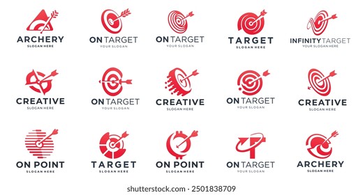 set of arrow right on bullseye target logo design. target, on point, red bullseye design inspiration.