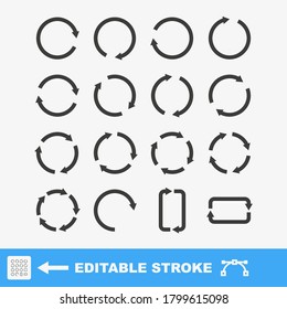 Set of arrow rotate black and white vector icon. Editable stroke.