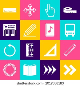 Establece Arrow, Ruler, Bus, Pixel cursor de mano, Lápiz, Edificio Supermercado e icono de libro de audio. Vector