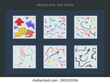 Set of arrow seamless pattern. Callygraphic brush. comic background. For banner, backdrop, flyer, brochure, poster, cover, magazine. Fun and happy. Vector illustration. Eps 10 