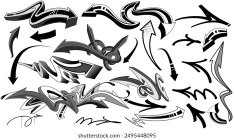 Set of arrow shapes elements in graffiti style. Black and white graffiti arrows drawing vector art
