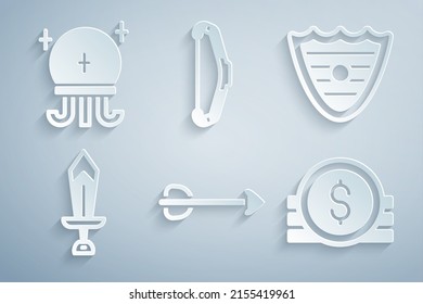 Set Arrow, Shield, Sword for game, Ancient coin, Medieval bow and Magic ball icon. Vector