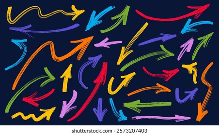 Set of arrow sign drawn with black crayon on dark background. Vector marker drawn arrows. Arrow icons isolated on white background. Direction elements, curve brush strokes, marker. Marker vector.