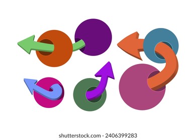Set of arrow signs passing through circles isolated on white. 3d vector illustration.