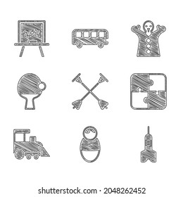 Set Arrow with sucker tip, Tumbler doll toy, Dart arrow, Puzzle pieces, Toy train, Racket and ball, puppet on hand and Chalkboard icon. Vector