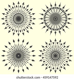 Set of arrow sunbursts. Vintage vector illustration.