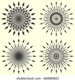 Set of arrow sunbursts. Vintage vector illustration.