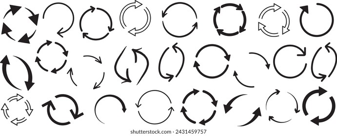 Set of arrow symbols, collection of different circular arrows on a white background, Vector illustration.