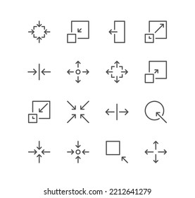 Conjunto de iconos de flecha y tecnología, tamaño, escala, disminución, edición, redimensionamiento, línea, vista, reducción y vectores de variedad lineales.
