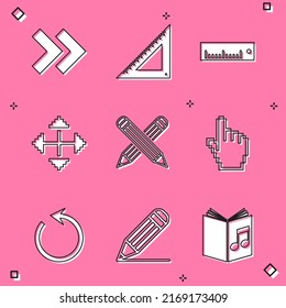 Set Arrow, Triangular ruler, Ruler, Pixel arrows in four directions, Crossed pencil, hand cursor, Refresh and Pencil line icon. Vector